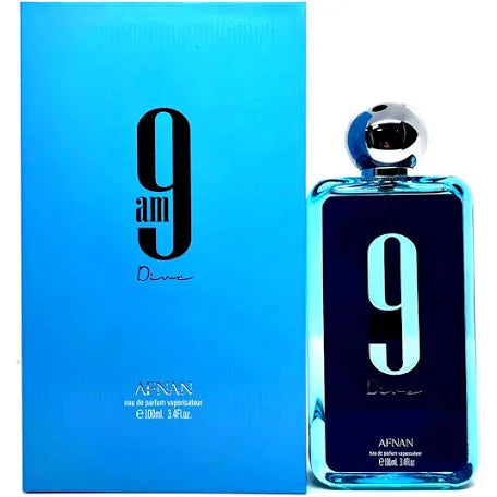 Afnan 9AM Dive (3.4 oz) — fresh aquatic-citrus fragrance with lemon, mint, apple, and cedar over a warm woody base. Unisex and long-lasting.