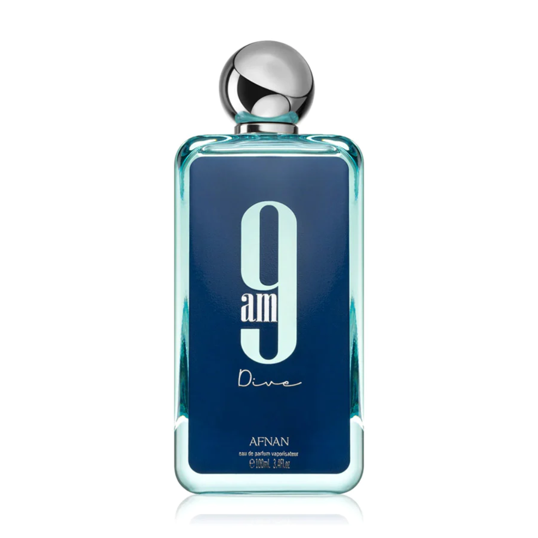 Afnan 9AM Dive (3.4 oz) — fresh aquatic-citrus fragrance with lemon, mint, apple, and cedar over a warm woody base. Unisex and long-lasting.