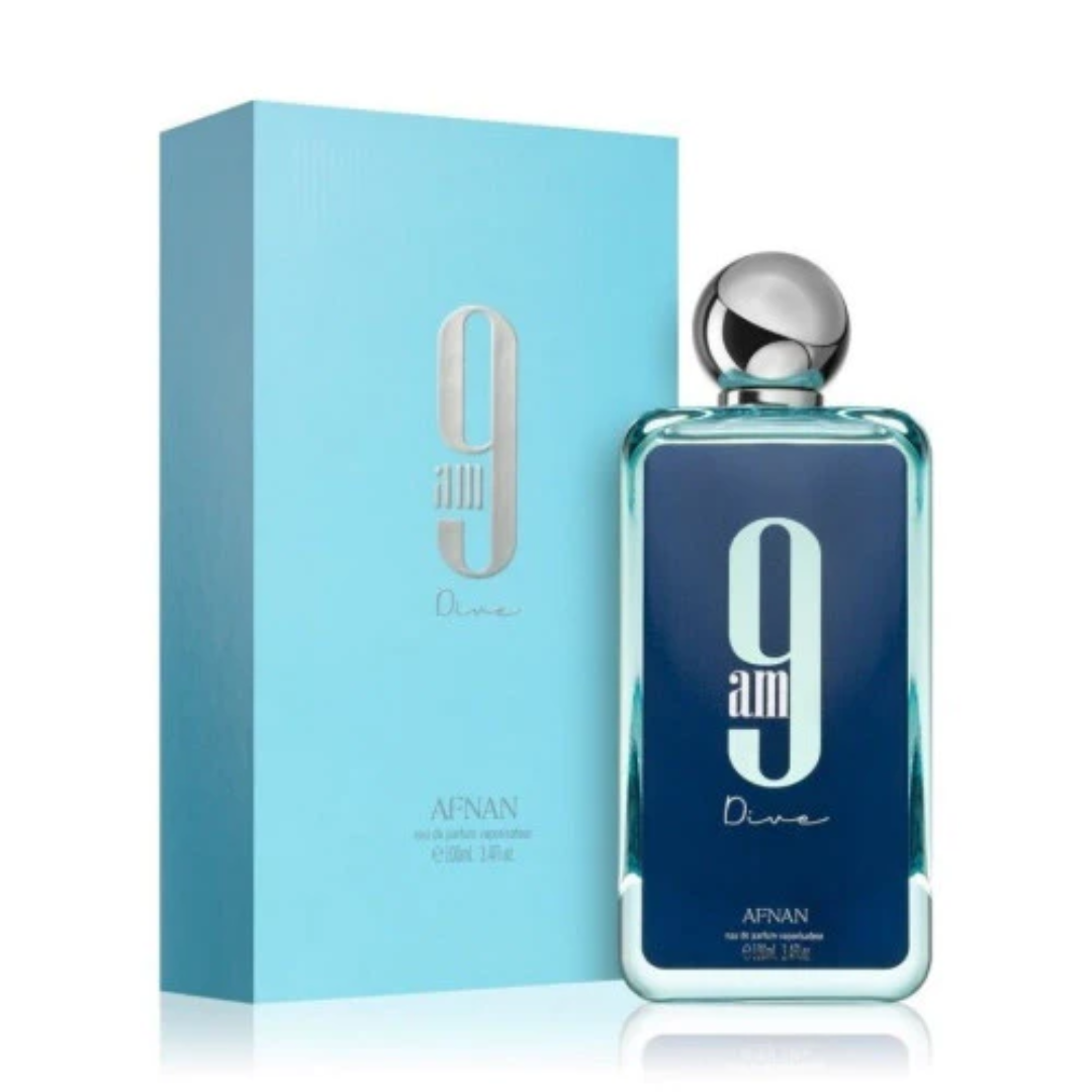Afnan 9AM Dive (3.4 oz) — fresh aquatic-citrus fragrance with lemon, mint, apple, and cedar over a warm woody base. Unisex and long-lasting.
