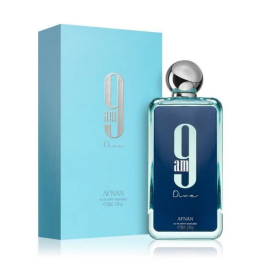 Afnan 9AM Dive (3.4 oz) — fresh aquatic-citrus fragrance with lemon, mint, apple, and cedar over a warm woody base. Unisex and long-lasting.