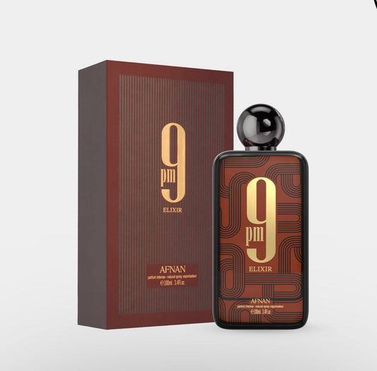 Afnan 9PM Elixir Parfum Intense 3.4 oz (Unisex) — amber-spicy fragrance with leather and vanilla