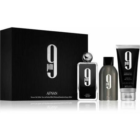 Afnan 9PM Men Gift Set. Bold, long-lasting evening scent with EDP 3.4 oz plus shower gel and deodorant spray. Ideal for gifting.