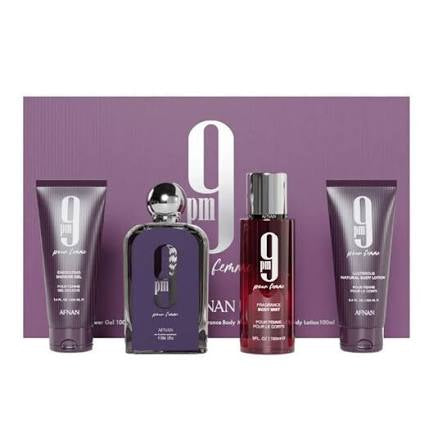 Afnan 9PM Women Gift Set — EDP 3.4 oz + Shower Gel 3.4 oz + Body Lotion 3.4 oz + Body Mist 5.0 oz