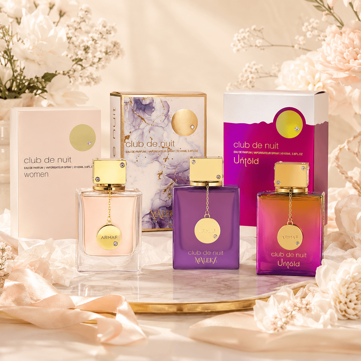 Armaf Club de Nuit Woman, Maleka and Untold three-piece Eau de Parfum bundle with bottles and boxes