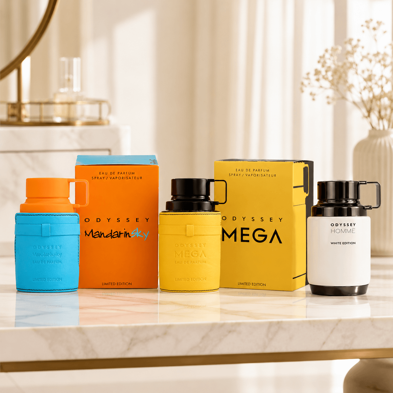 Armaf Odyssey Mandarin Sky, Mega and Homme White Edition three-piece Eau de Parfum bundle
