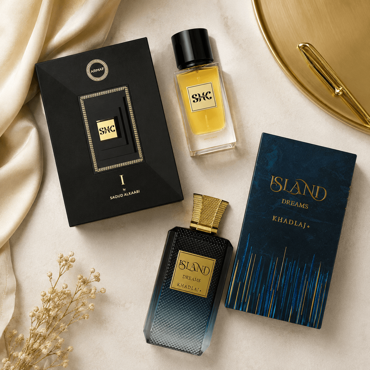 Armaf SHK I by Saoud AlKaabi and Khadlaj Island Dreams two-piece fragrance bundle with bottles and boxes