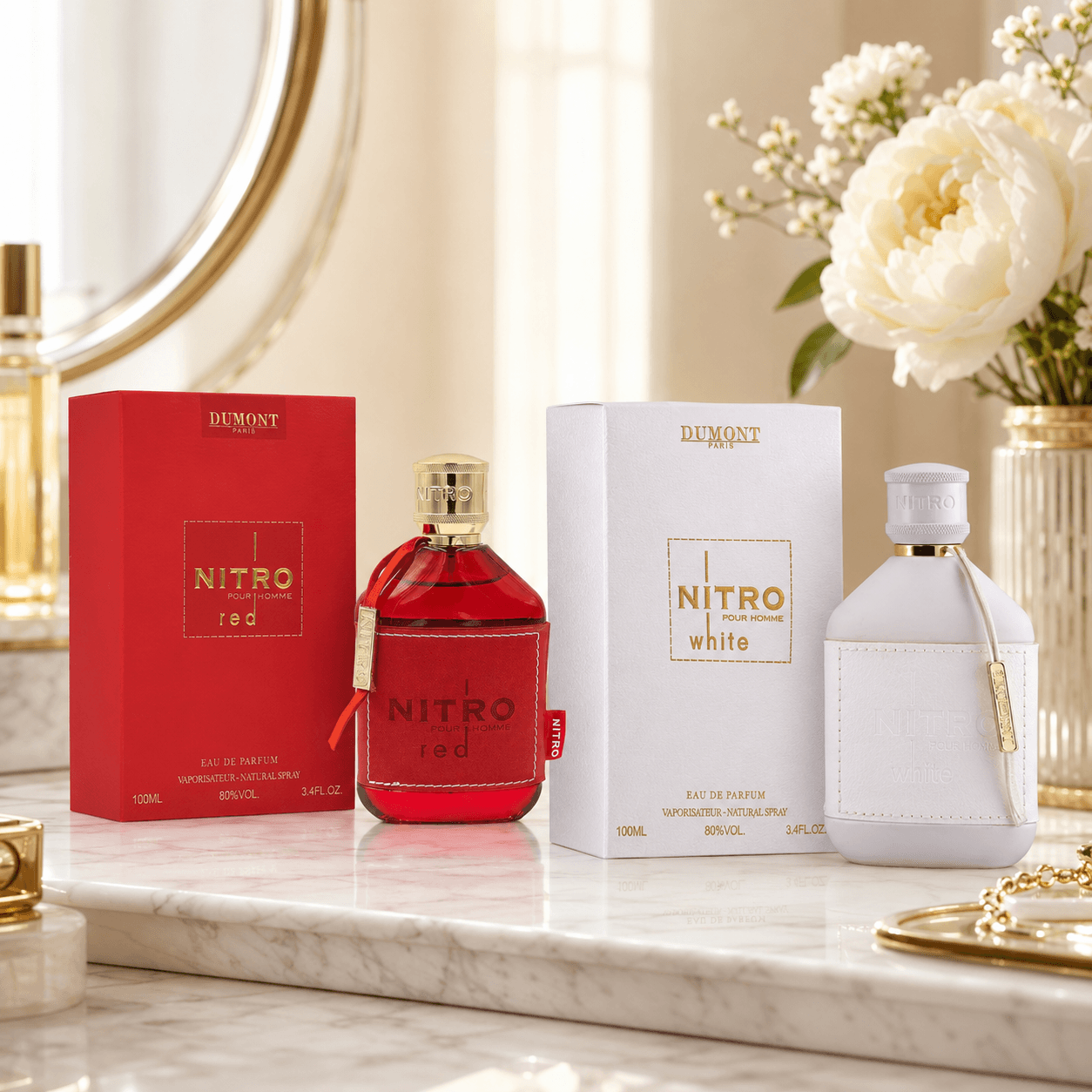 Dumont Nitro Red and Nitro White two-piece Eau de Parfum bundle with two 100 ml bottles and boxes
