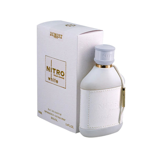 Dumont Nitro White Eau de Parfum 3.4 oz for Men — leather-amber with cypress, iris, juniper, patchouli, myrrh, honey & vanilla