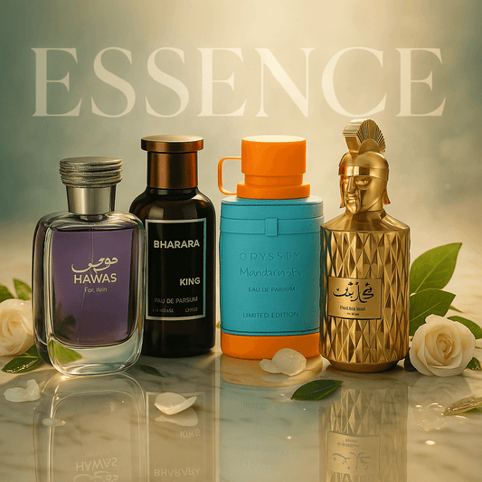 Essence Collection – luxury men’s perfume set with 4 bottles on a white marble surface, surrounded by petals and warm elegant lighting.