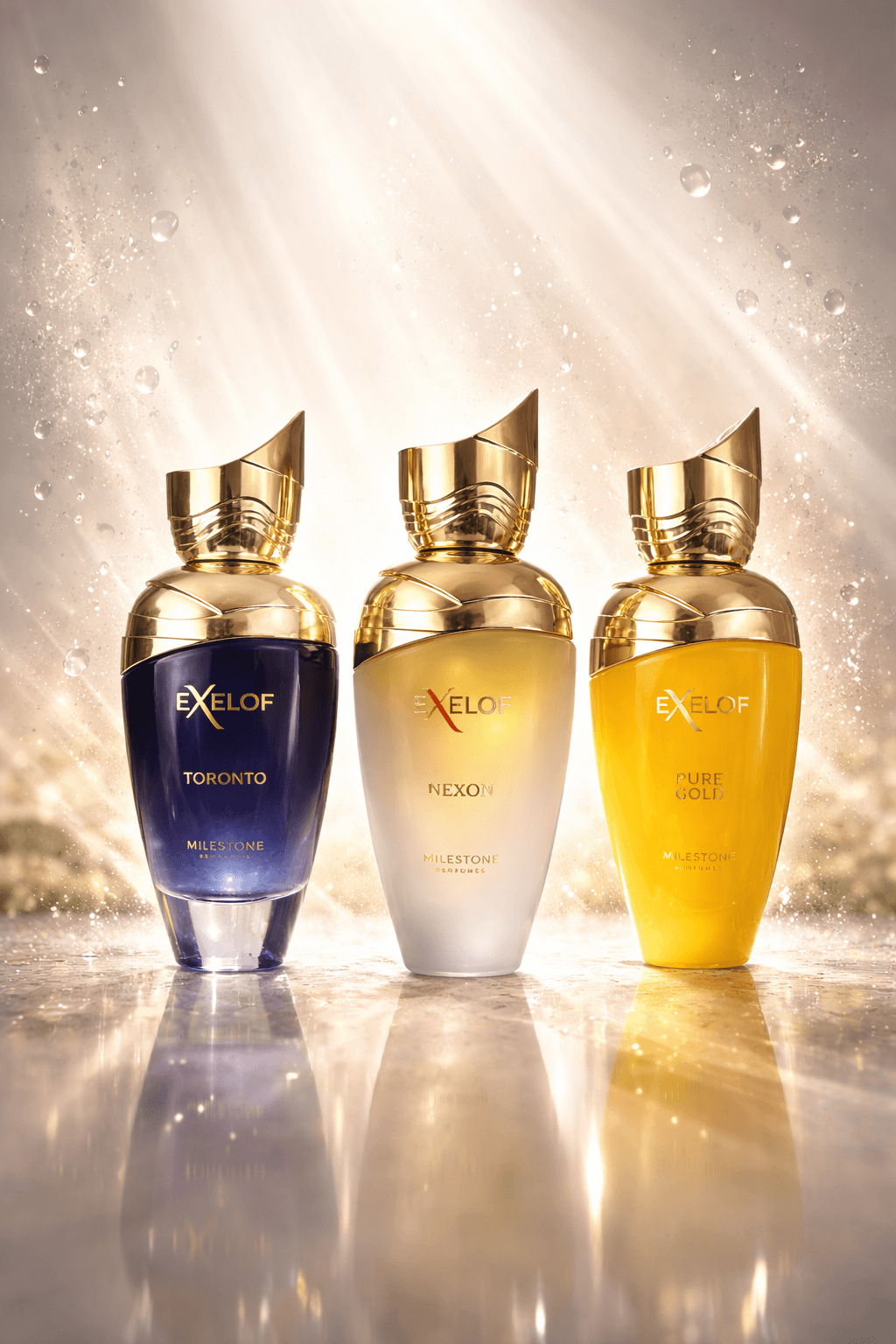 Exelof Luxury Trio Bundle by Milestone featuring Toronto, Nexon, and Pure Gold Eau de Parfum bottles with matching boxes arranged together on a clean background.
