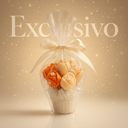 Floral candle bouquet — orange & ivory flowers, gift-wrapped in clear cellophane with cream ribbon