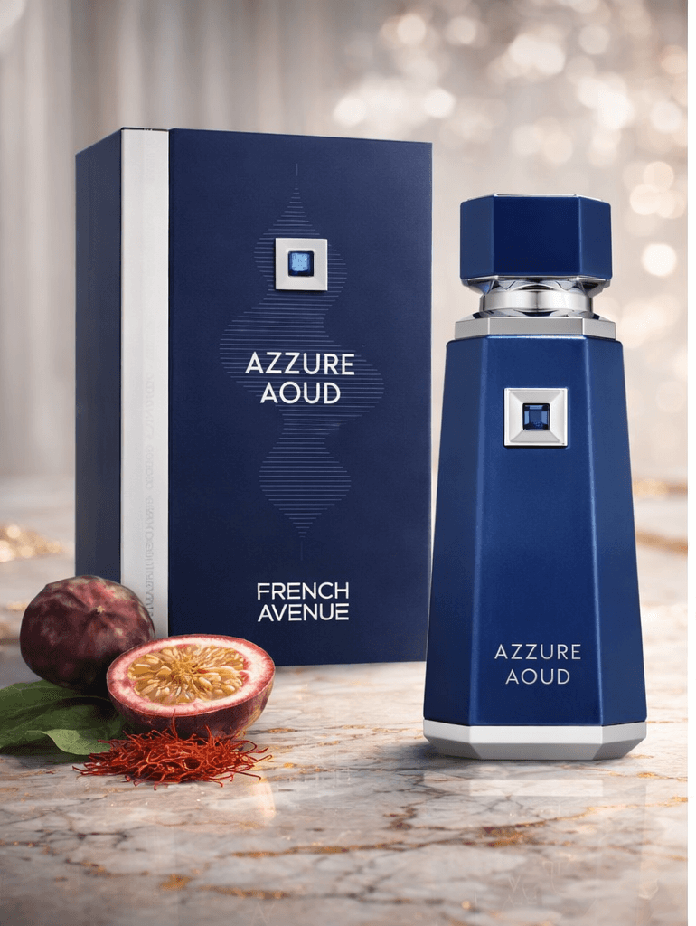 French Avenue Azzure Aoud Eau de Parfum by Fragrance World unisex perfume bottle and box