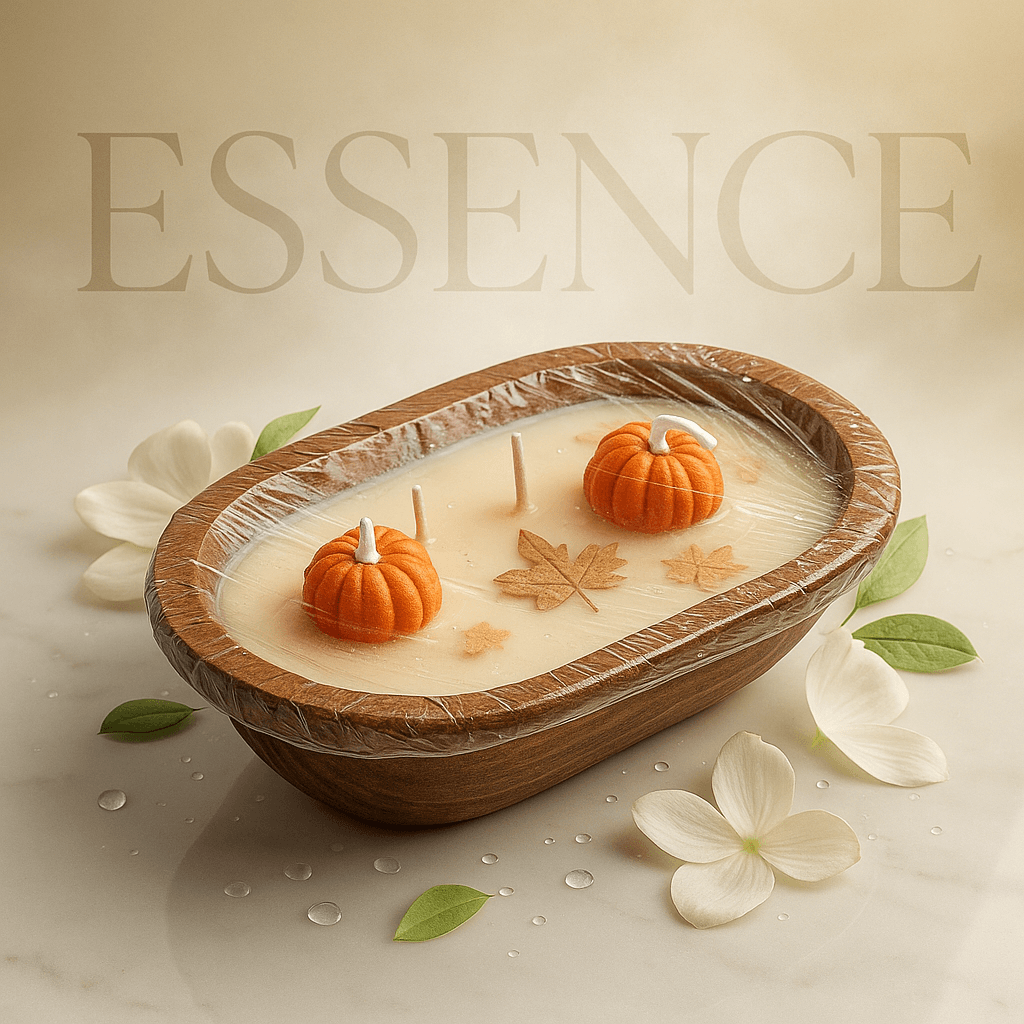 Handmade dough bowl candle — multi-wick, natural wooden bowl with pumpkin & leaves (or red floral) wax embeds