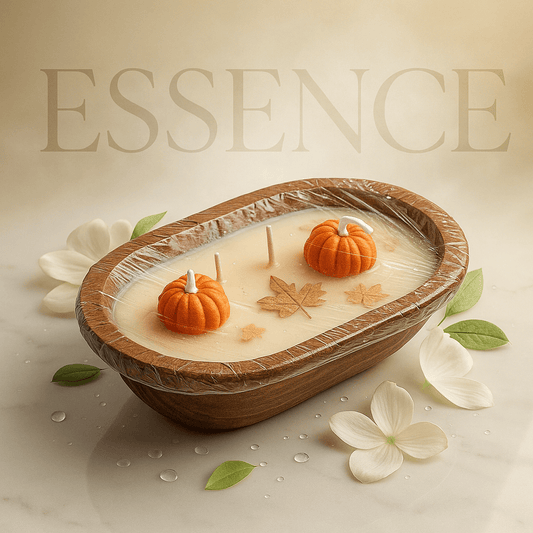 Handmade dough bowl candle — multi-wick, natural wooden bowl with pumpkin & leaves (or red floral) wax embeds