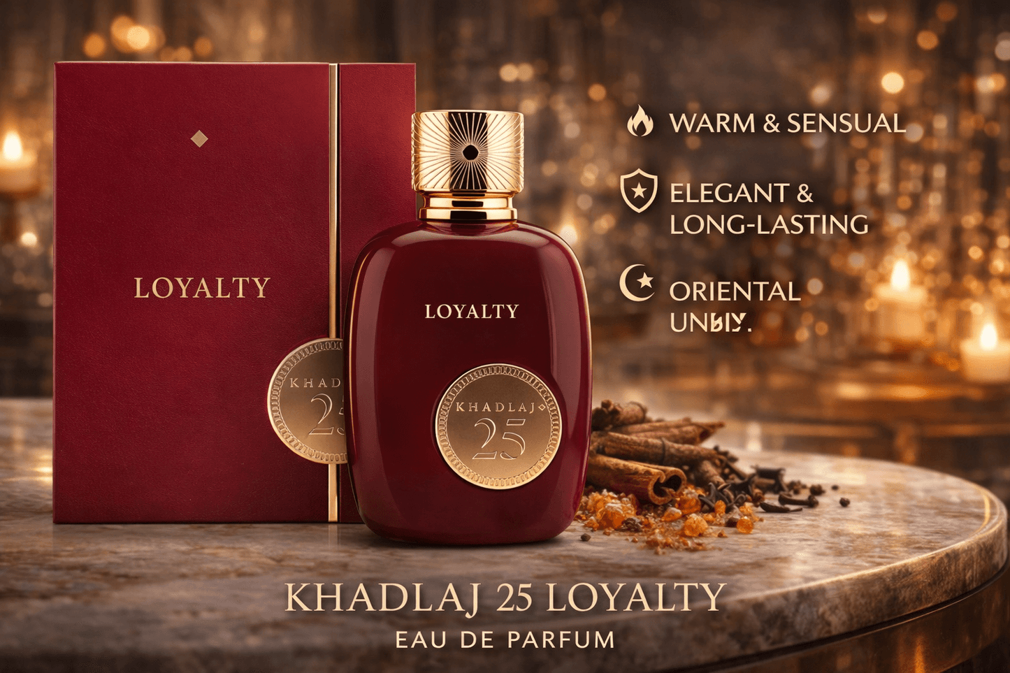 Khadlaj 25 Loyalty Eau de Parfum unisex luxury perfume bottle with red and gold design