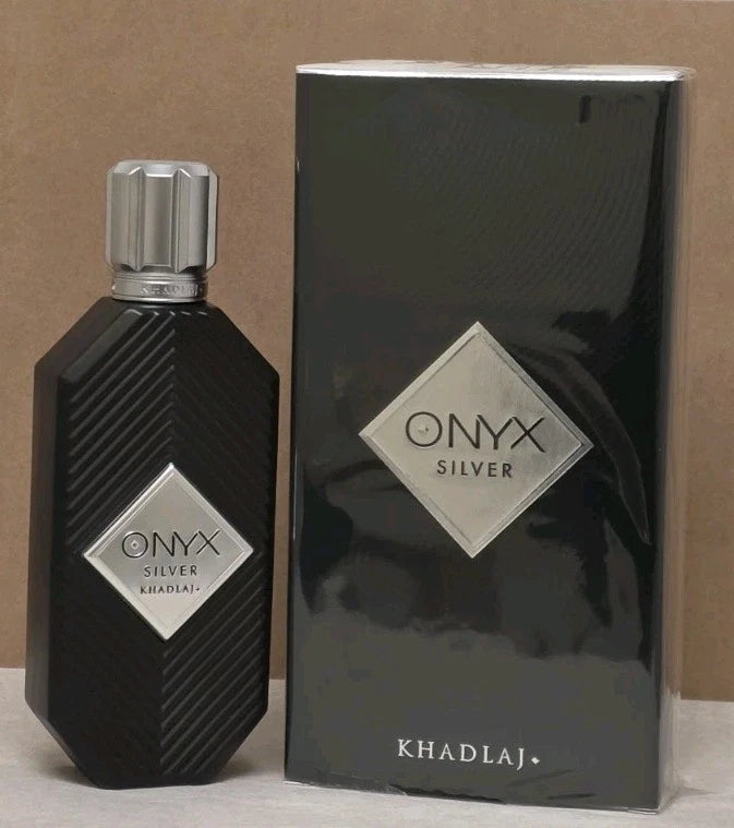 Khadlaj Onyx Silver Eau de Parfum 100ml black bottle with silver cap and matching box
