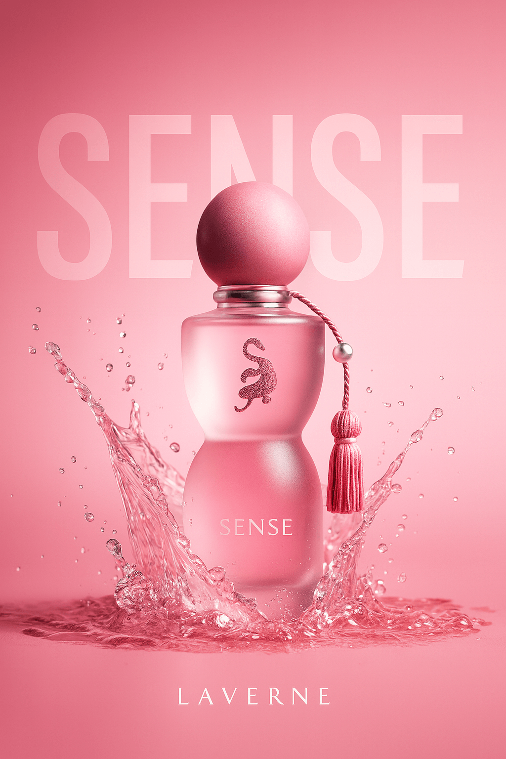 Pink perfume bottle with 'Sense' branding on a pink background