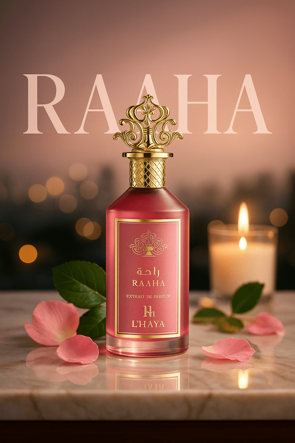 Shop L’Haya Raaha Extrait de Parfum 100ml – a feminine luxury fragrance with lychee, florals, vanilla, and warm sensual notes. Elegant and long-lasting.