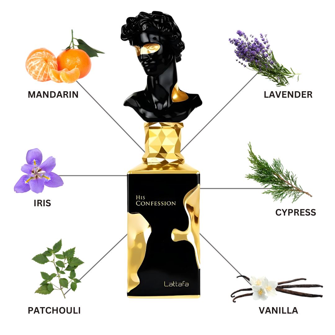 Lattafa His Confession Eau de Parfum 3.4 oz for Men — amber-woody fragrance with cinnamon, lavender, vanilla, and incense