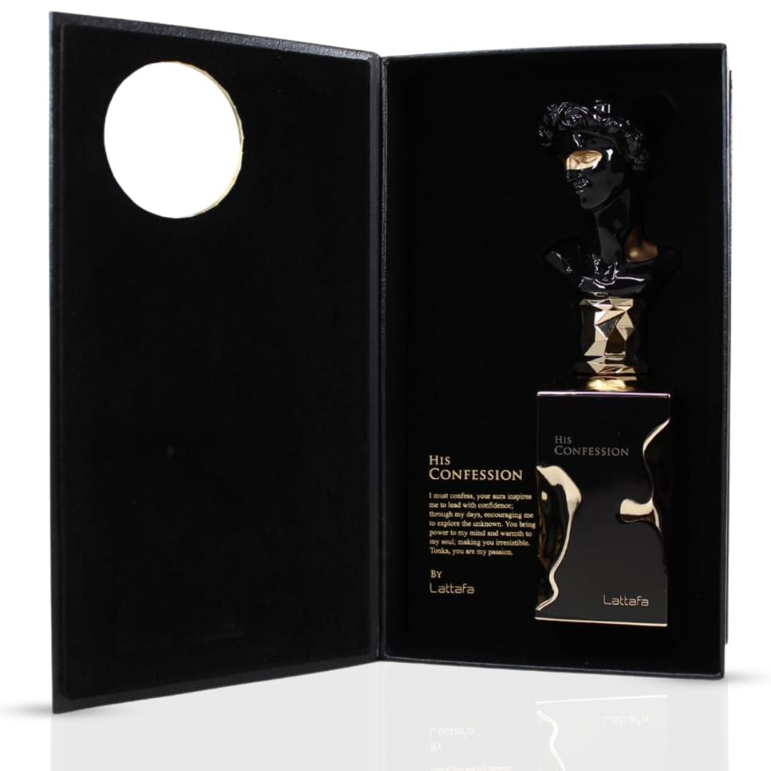 Lattafa His Confession Eau de Parfum 3.4 oz for Men — amber-woody fragrance with cinnamon, lavender, vanilla, and incense