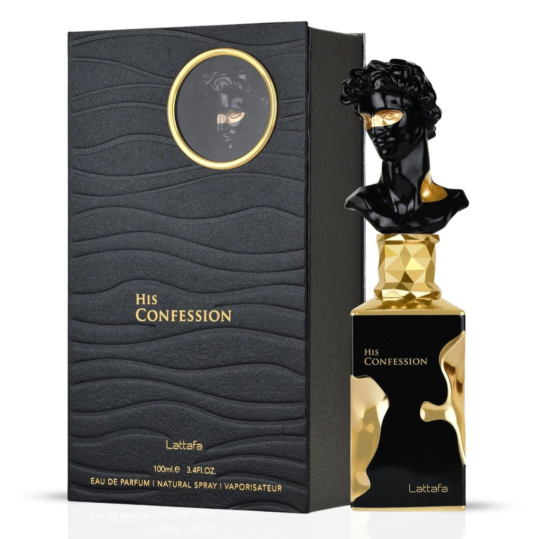 Lattafa His Confession Eau de Parfum 3.4 oz for Men — amber-woody fragrance with cinnamon, lavender, vanilla, and incense