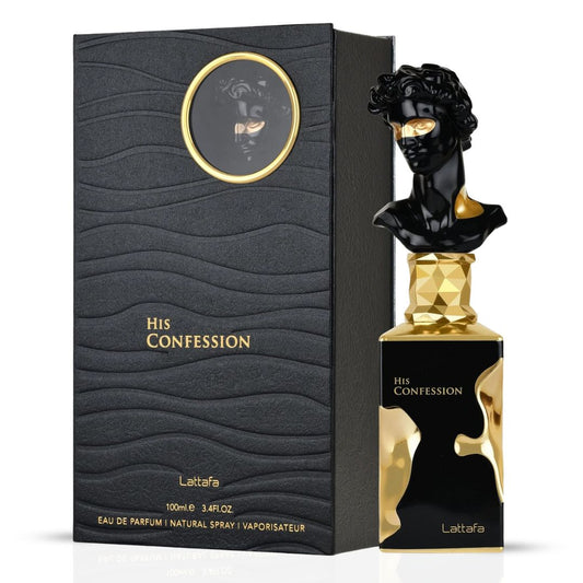 Lattafa His Confession Eau de Parfum 3.4 oz for Men — amber-woody fragrance with cinnamon, lavender, vanilla, and incense