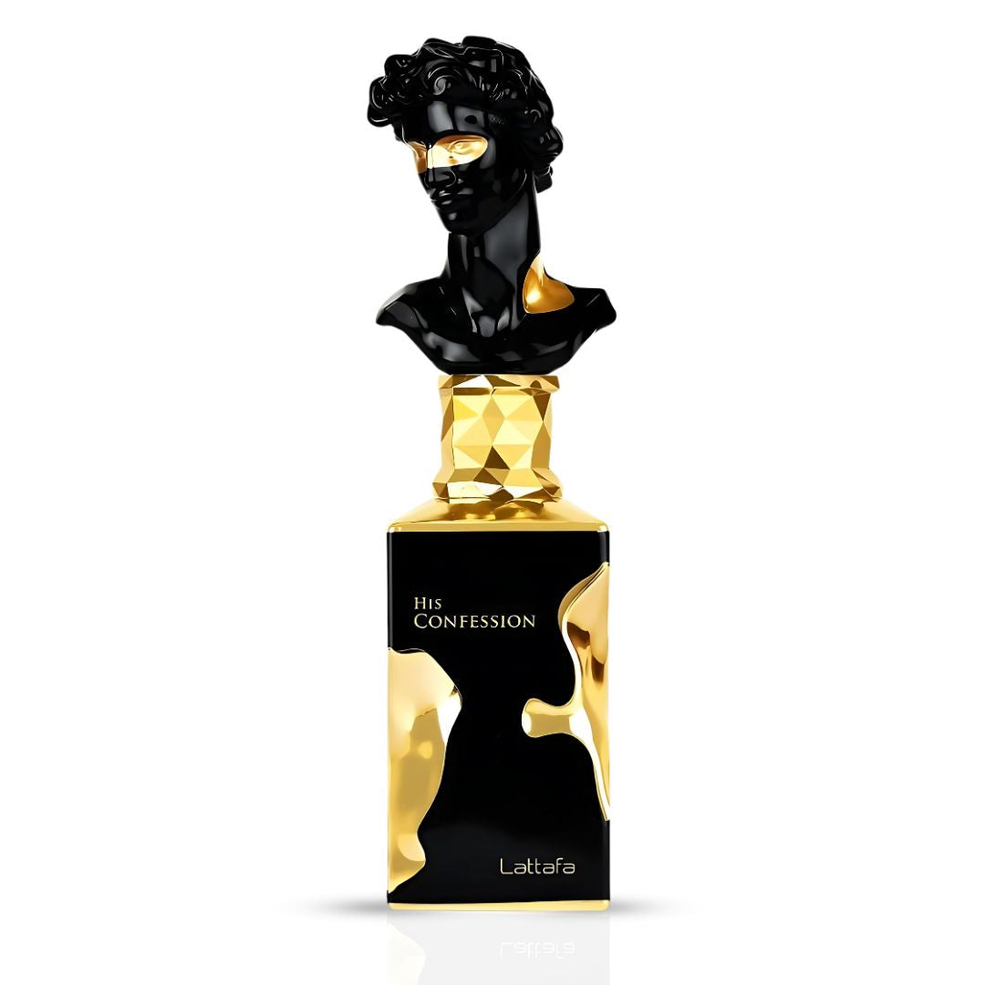 Lattafa His Confession Eau de Parfum 3.4 oz for Men — amber-woody fragrance with cinnamon, lavender, vanilla, and incense