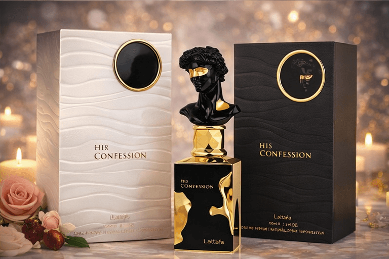Lattafa His Confession White and Black Eau de Parfum bundle set for men displayed with luxury packaging and gold-accented bottles