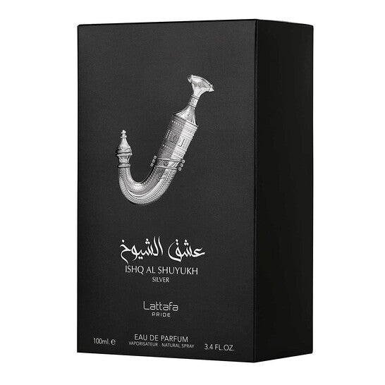 Lattafa Pride Ishq Al Shuyukh Silver Eau de Parfum 3.4 oz (Unisex) — lemon, bergamot, pineapple, vanilla, amberwood