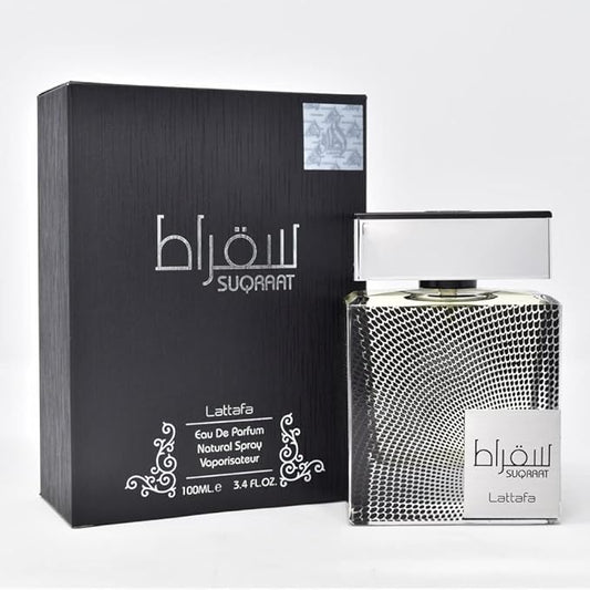 Lattafa Suqraat Eau de Parfum 3.4 oz for Men — bergamot, ginger, lavender, violet leaf, musk, sandalwood, amber