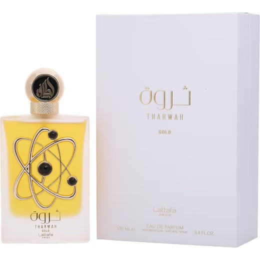 Lattafa Tharwah Gold 3.4 oz Eau de Parfum – unisex amber vanilla fragrance bottle on white background
