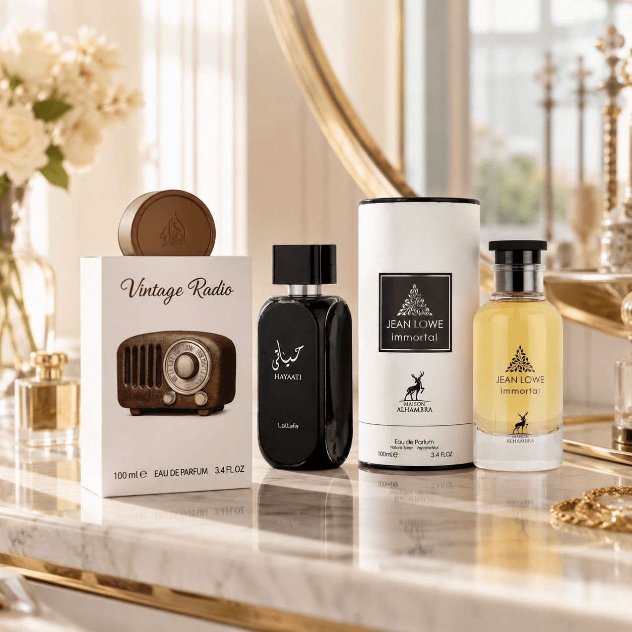 Lattafa Vintage Radio, Hayaati and Maison Alhambra Jean Lowe Immortal three-piece Eau de Parfum bundle