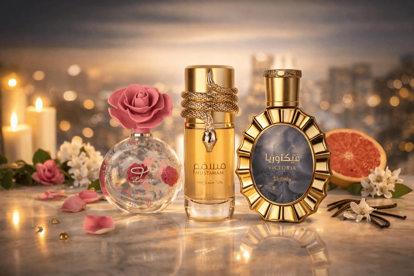 Lattafa fragrance bundle featuring Layaan, Victoria, and Musamam perfumes displayed on a clean white reflective surface