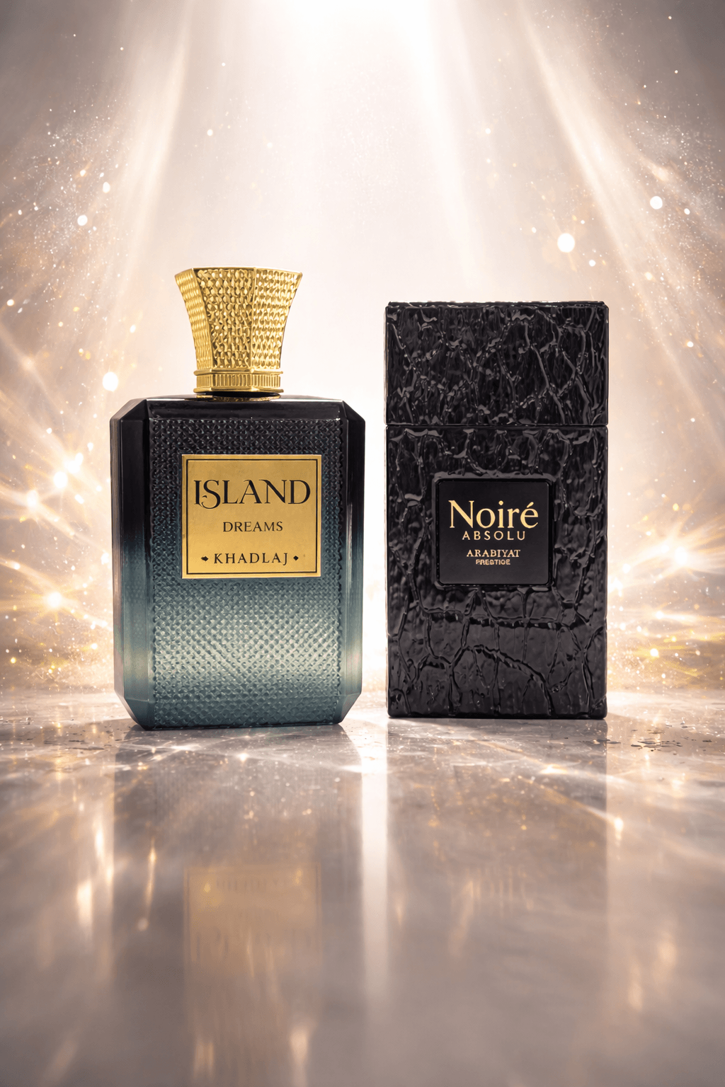 Luxury perfume bundle Island Dreams Khadlaj and Noire Absolu Arabiyat displayed on clean background