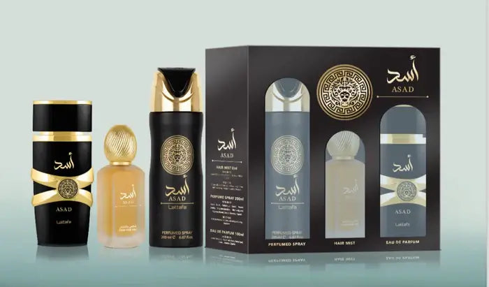 Shop Lattafa Asad 3 Piece Set – Eau de Parfum, Hair Mist, and Body Spray. A bold men’s fragrance gift set, powerful, elegant, and long-lasting