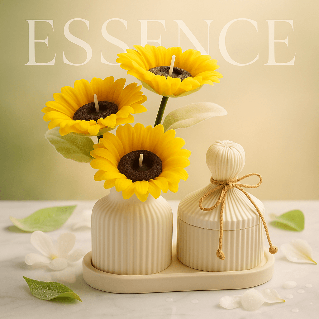 Sunflower candle arrangement — three yellow sunflower candles in ribbed ceramic vase with matching lidded jar on tray