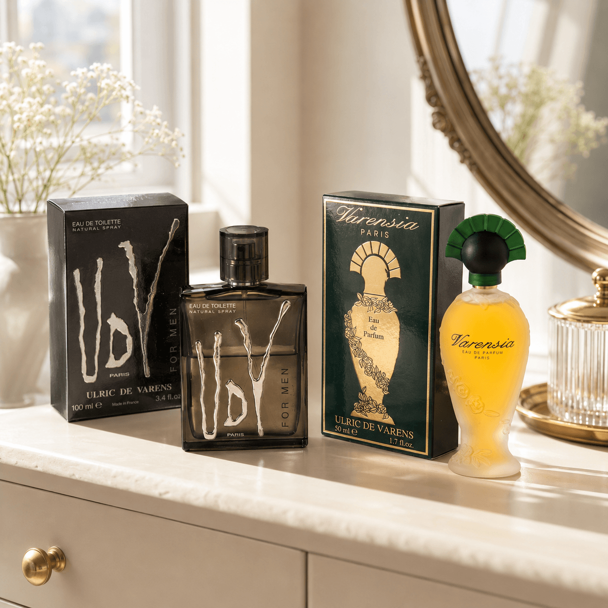 Ulric de Varens UDV For Men and Varensia His & Hers fragrance bundle with bottles and boxes