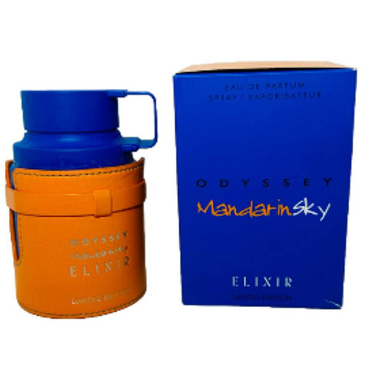 Armaf Odyssey Mandarin Sky Elixir Limited Edition 3.4 oz Eau de Parfum for men – citrus amber fragrance bottle on white background