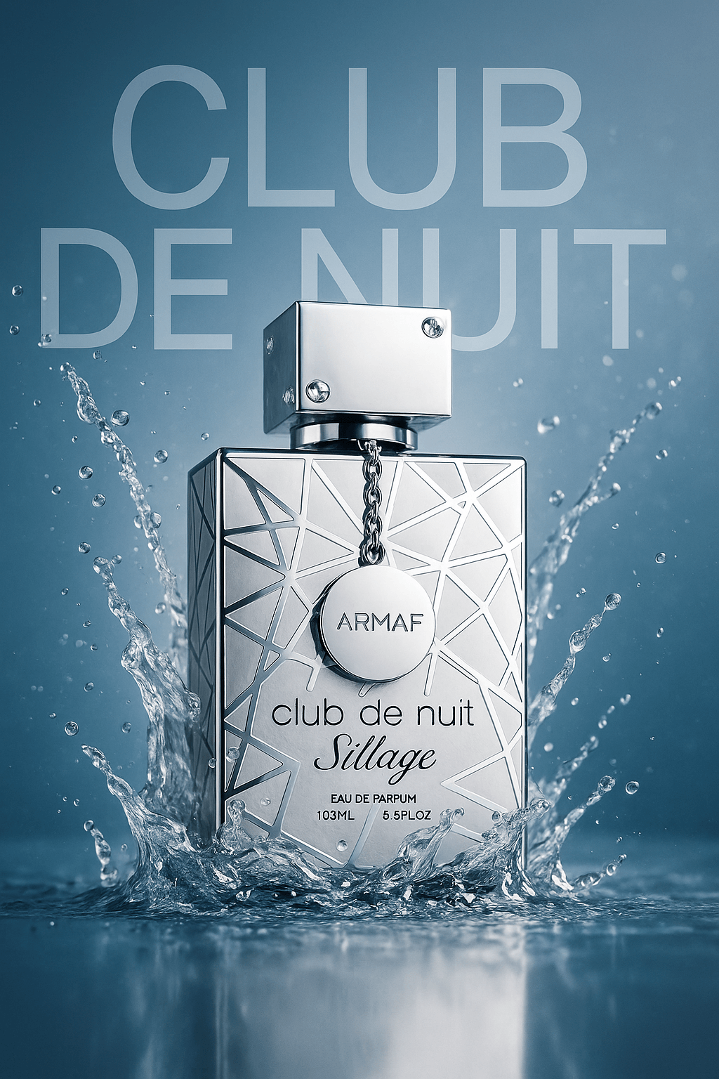 Armaf Club de Nuit Sillage perfume bottle with water splash on a blue background