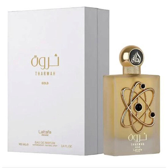 Lattafa Tharwah Gold 3.4 oz Eau de Parfum – unisex amber vanilla fragrance bottle on white background
