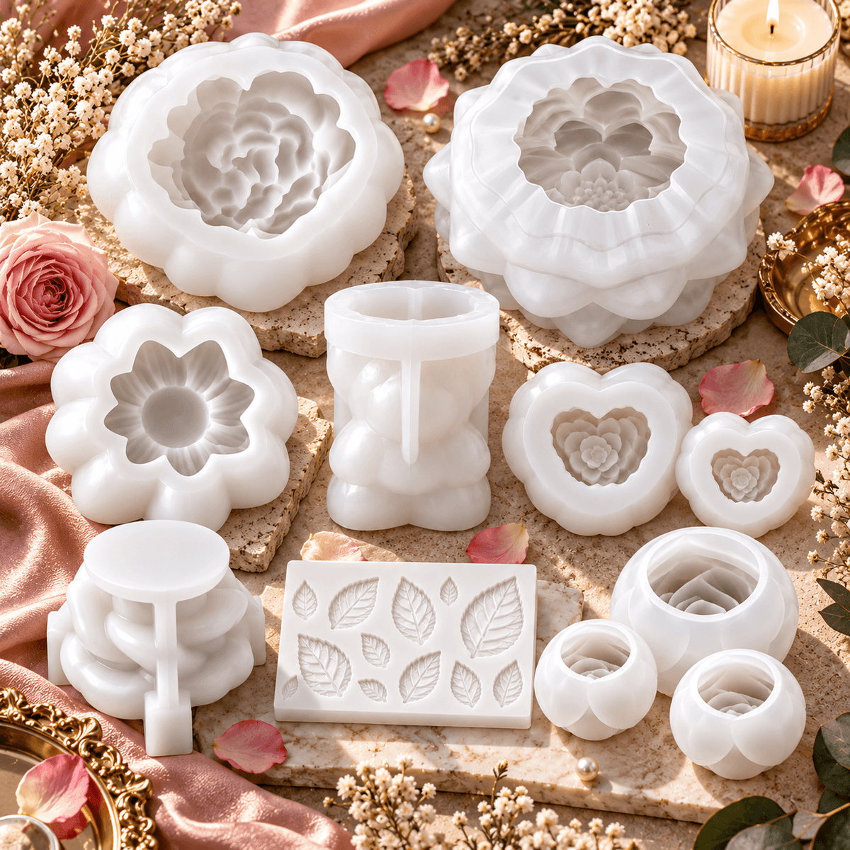 11-piece rose and floral silicone candle mold bundle with rose bear heart flowers leaf mold and multiple rose designs