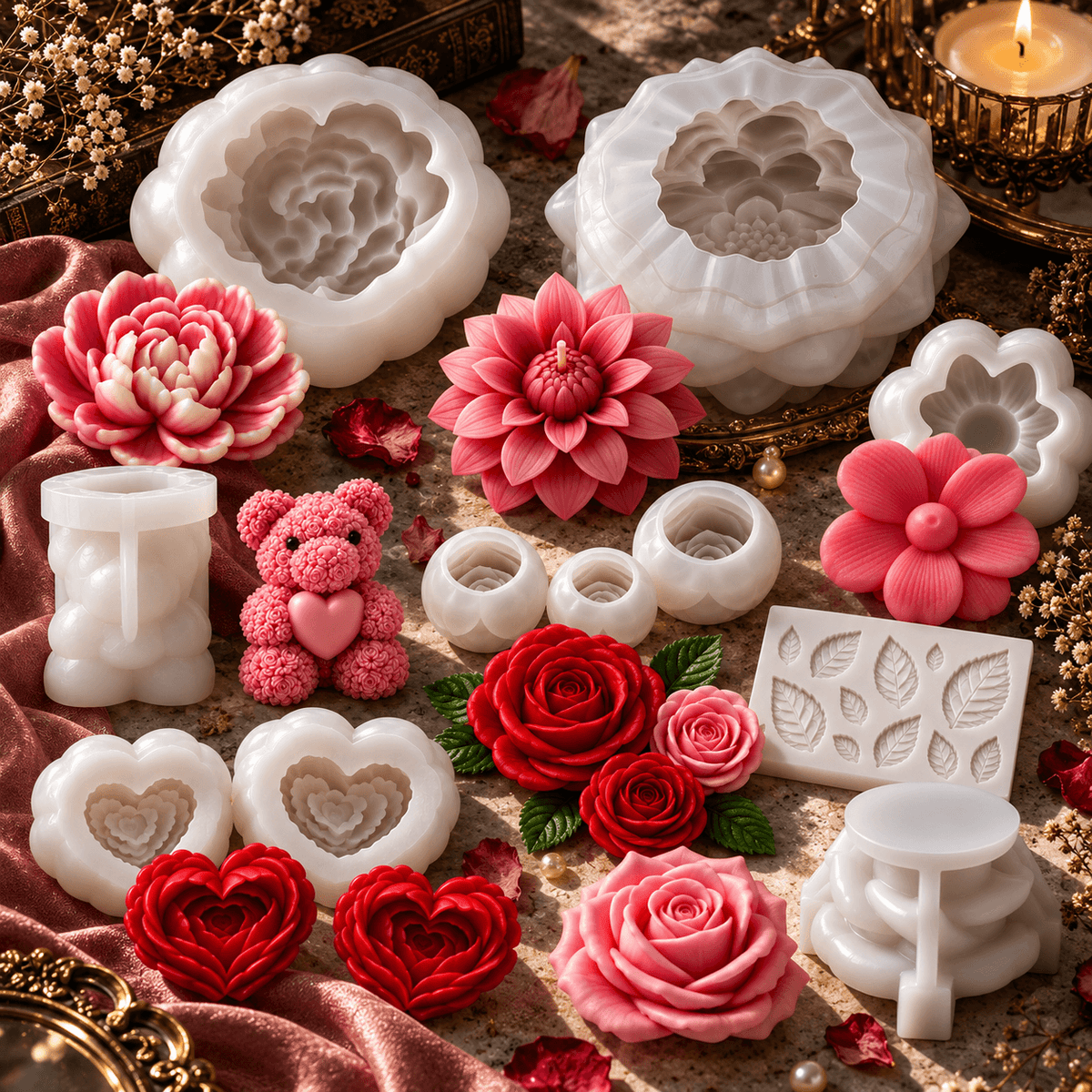 11-piece rose and floral silicone candle mold bundle with rose bear heart flowers leaf mold and multiple rose designs