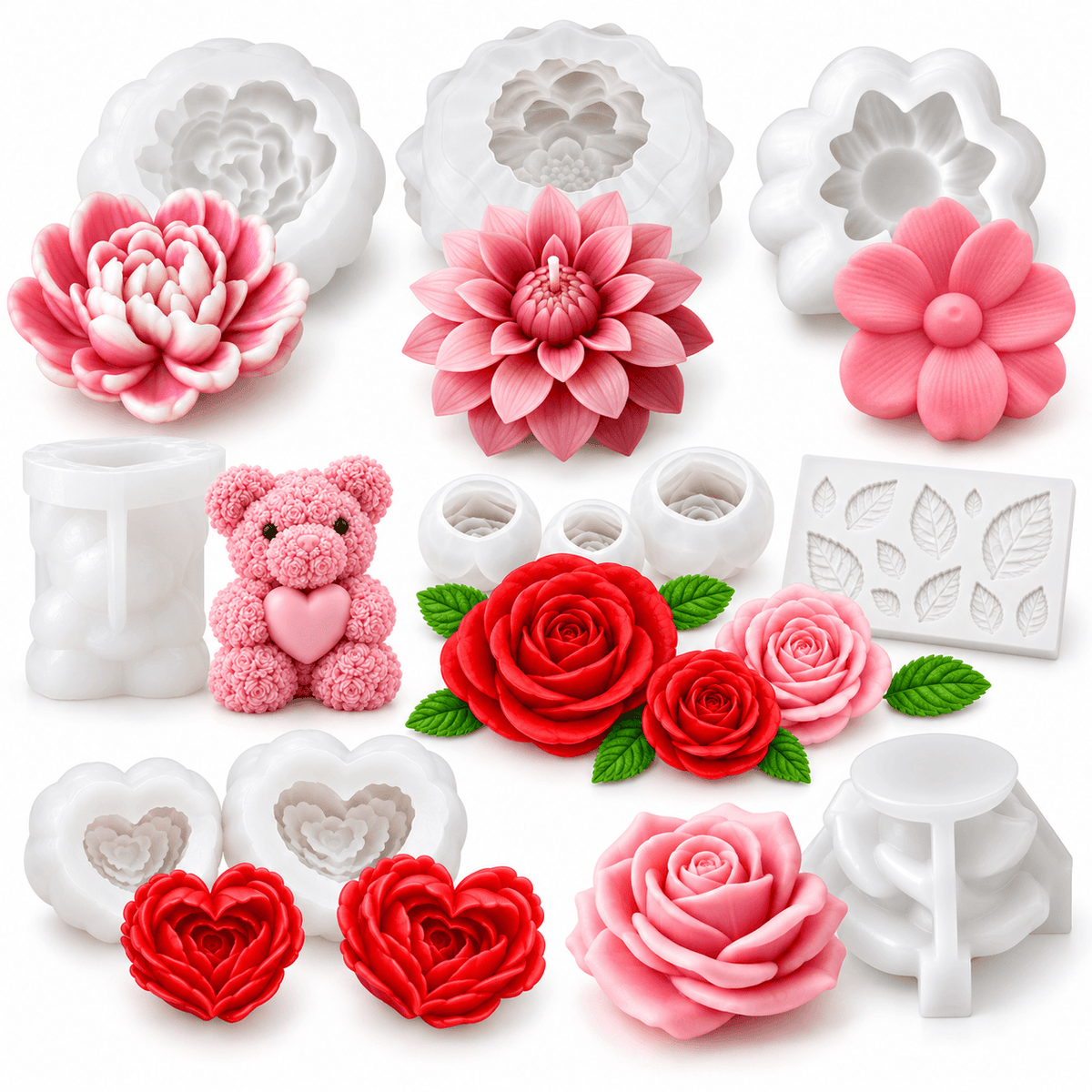 11-piece rose and floral silicone candle mold bundle with rose bear heart flowers leaf mold and multiple rose designs