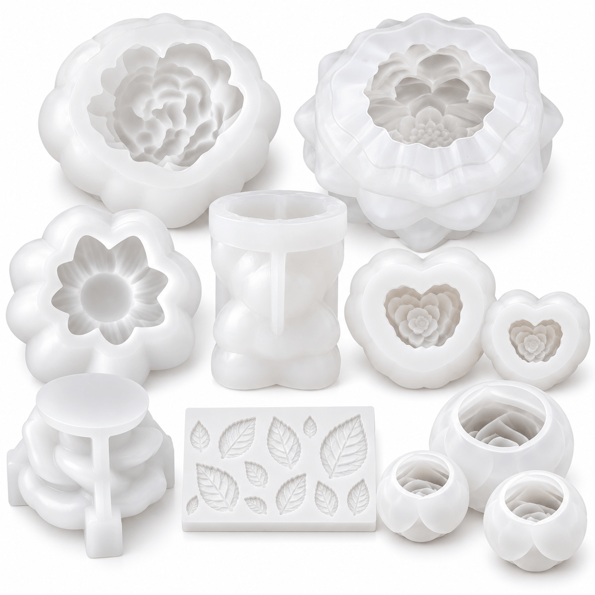 11-piece rose and floral silicone candle mold bundle with rose bear heart flowers leaf mold and multiple rose designs