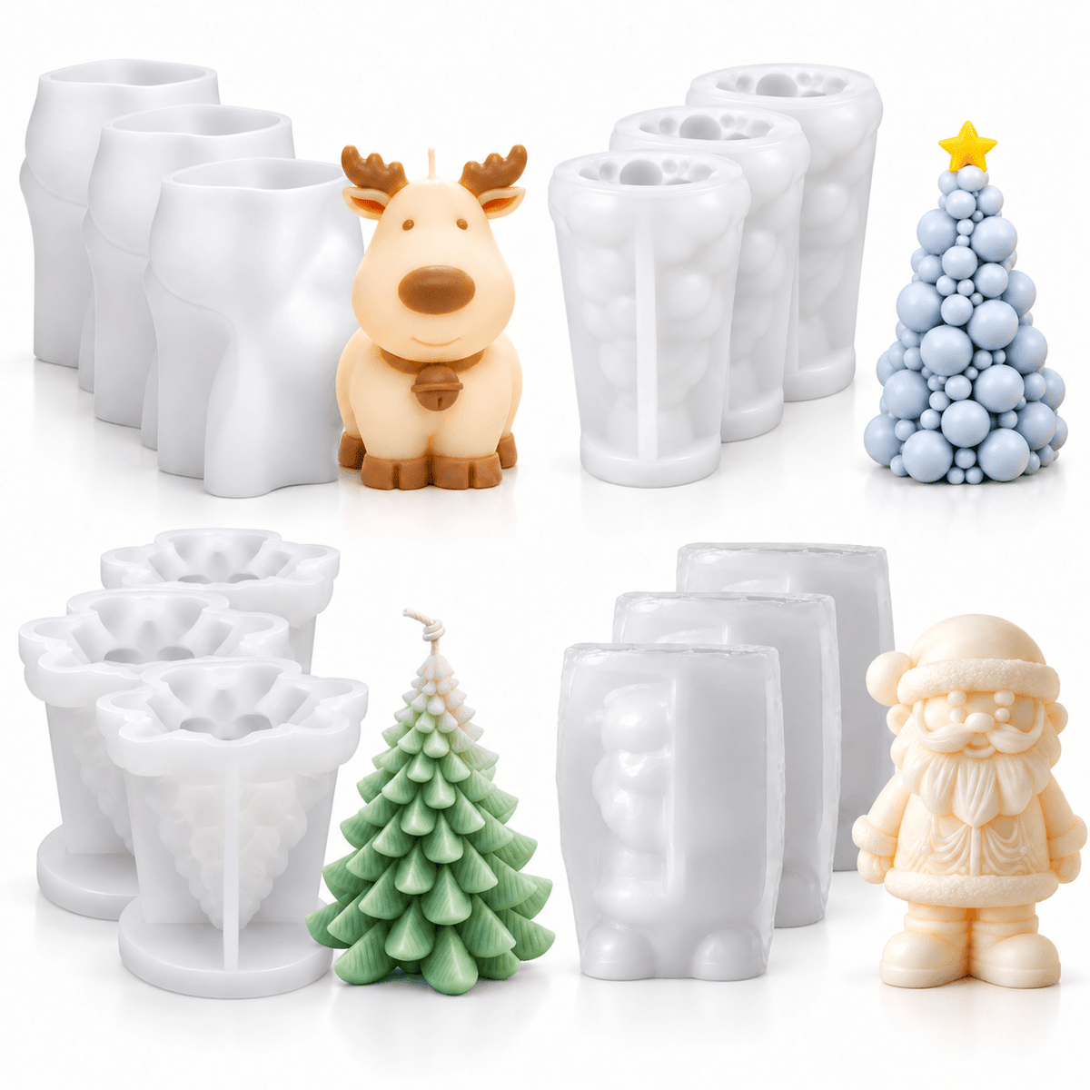 12-piece Christmas silicone candle mold bundle with Santa Claus reindeer and two Christmas tree designs