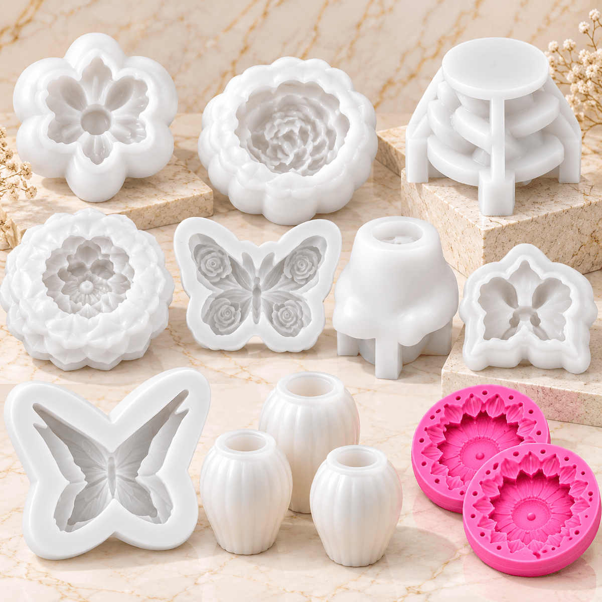 12-piece floral and butterfly silicone candle mold bundle with rose tulip sunflower calla lily and flower designs