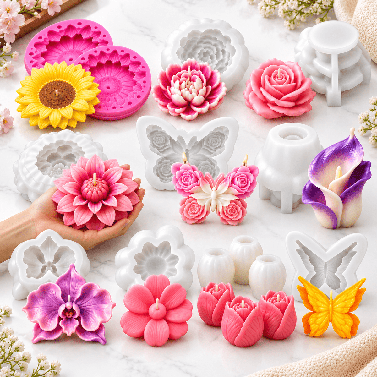 12-piece floral and butterfly silicone candle mold bundle with rose tulip sunflower calla lily and flower designs