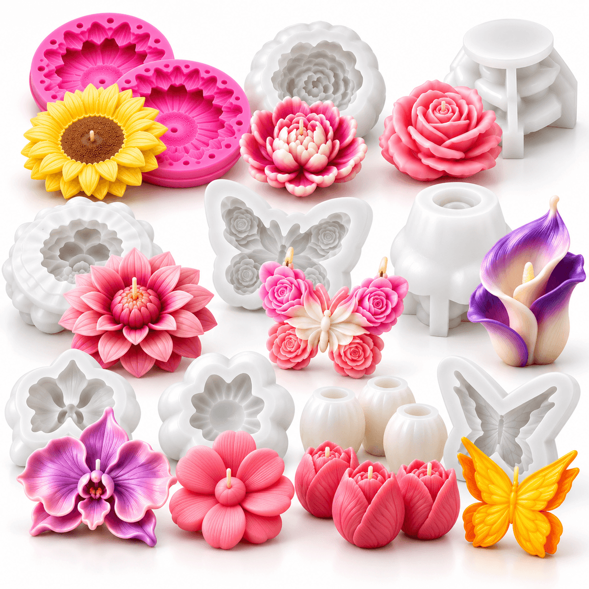 12-piece floral and butterfly silicone candle mold bundle with rose tulip sunflower calla lily and flower designs