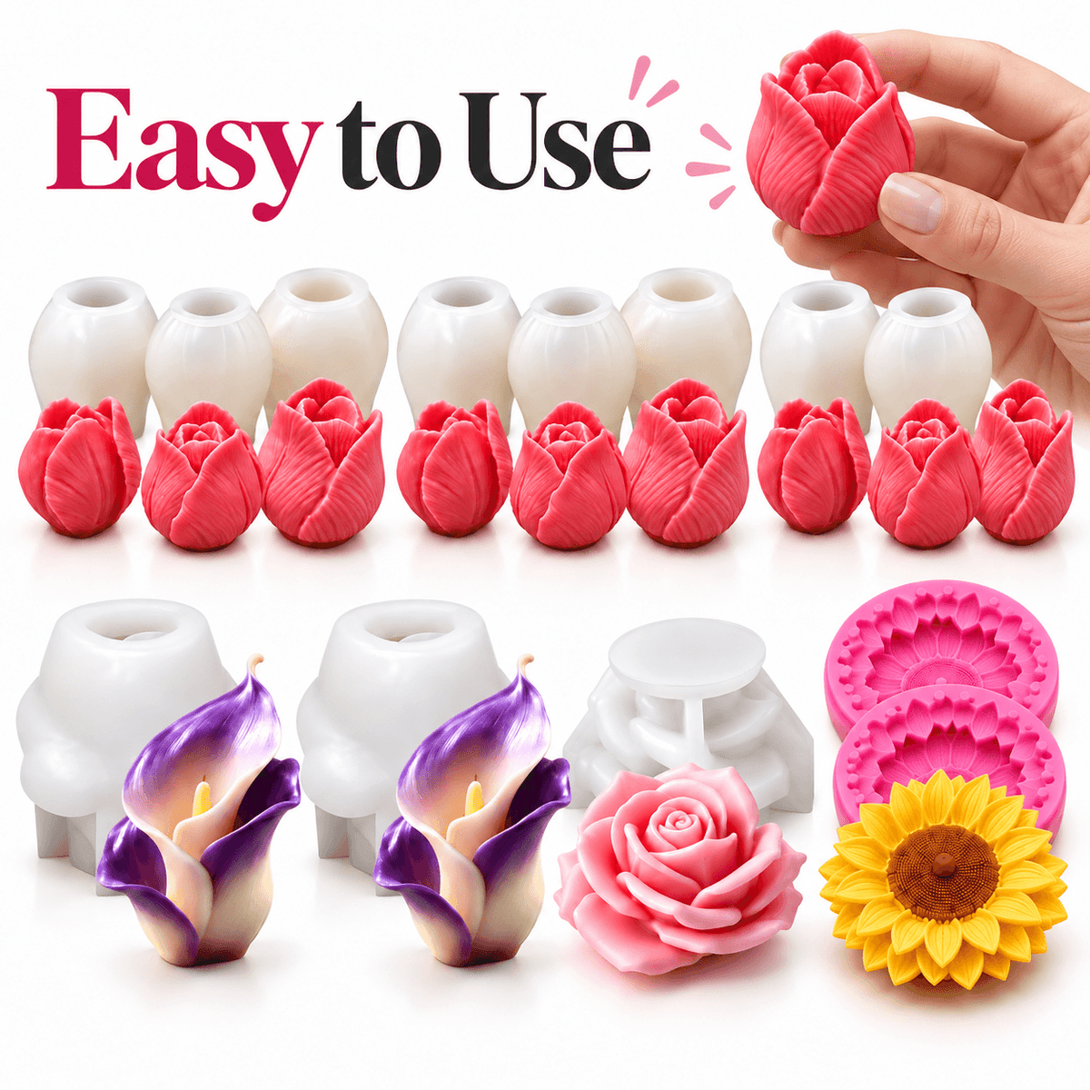 13-piece floral silicone candle mold bundle with tulip Calla Lily rose and sunflower molds