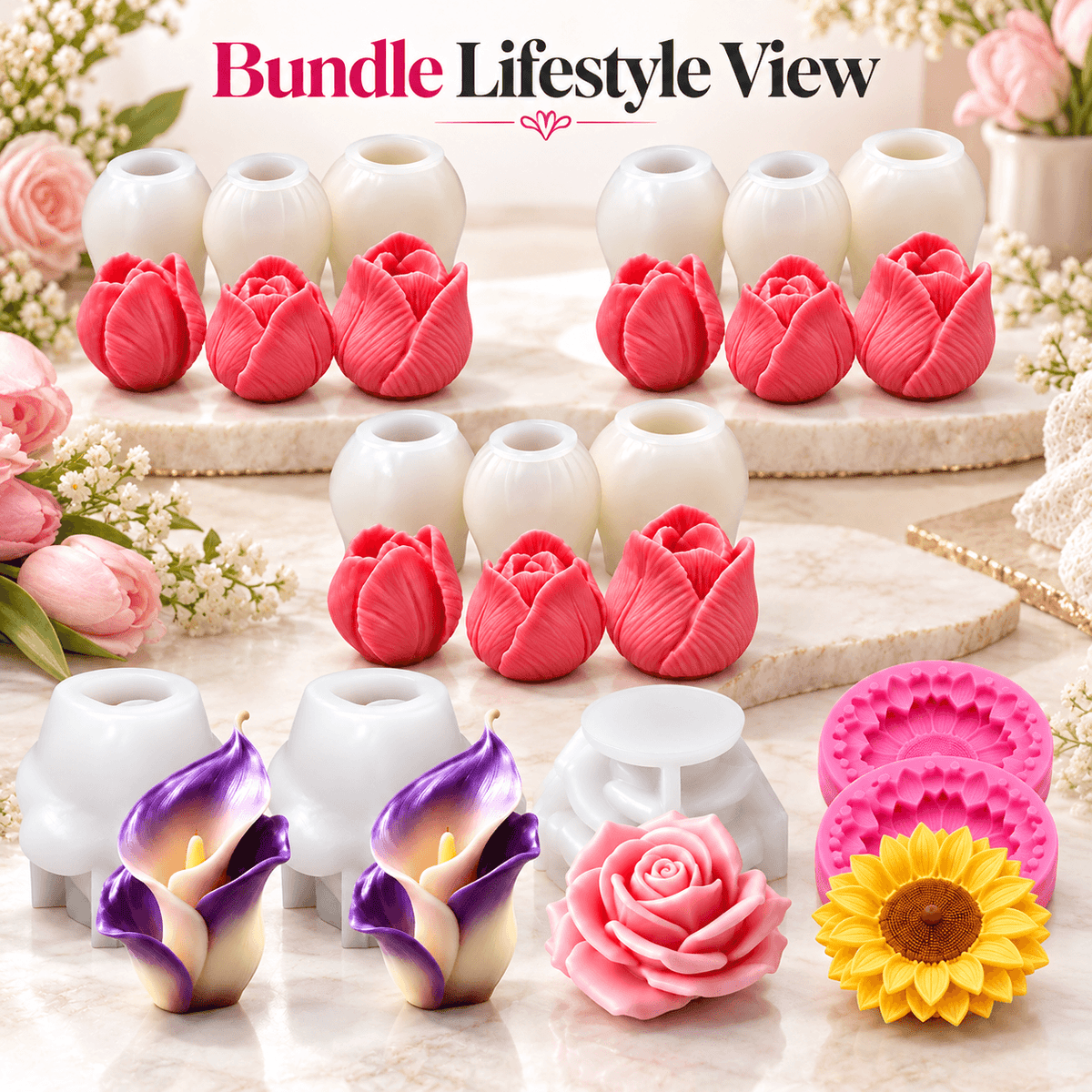 13-piece floral silicone candle mold bundle with tulip Calla Lily rose and sunflower molds